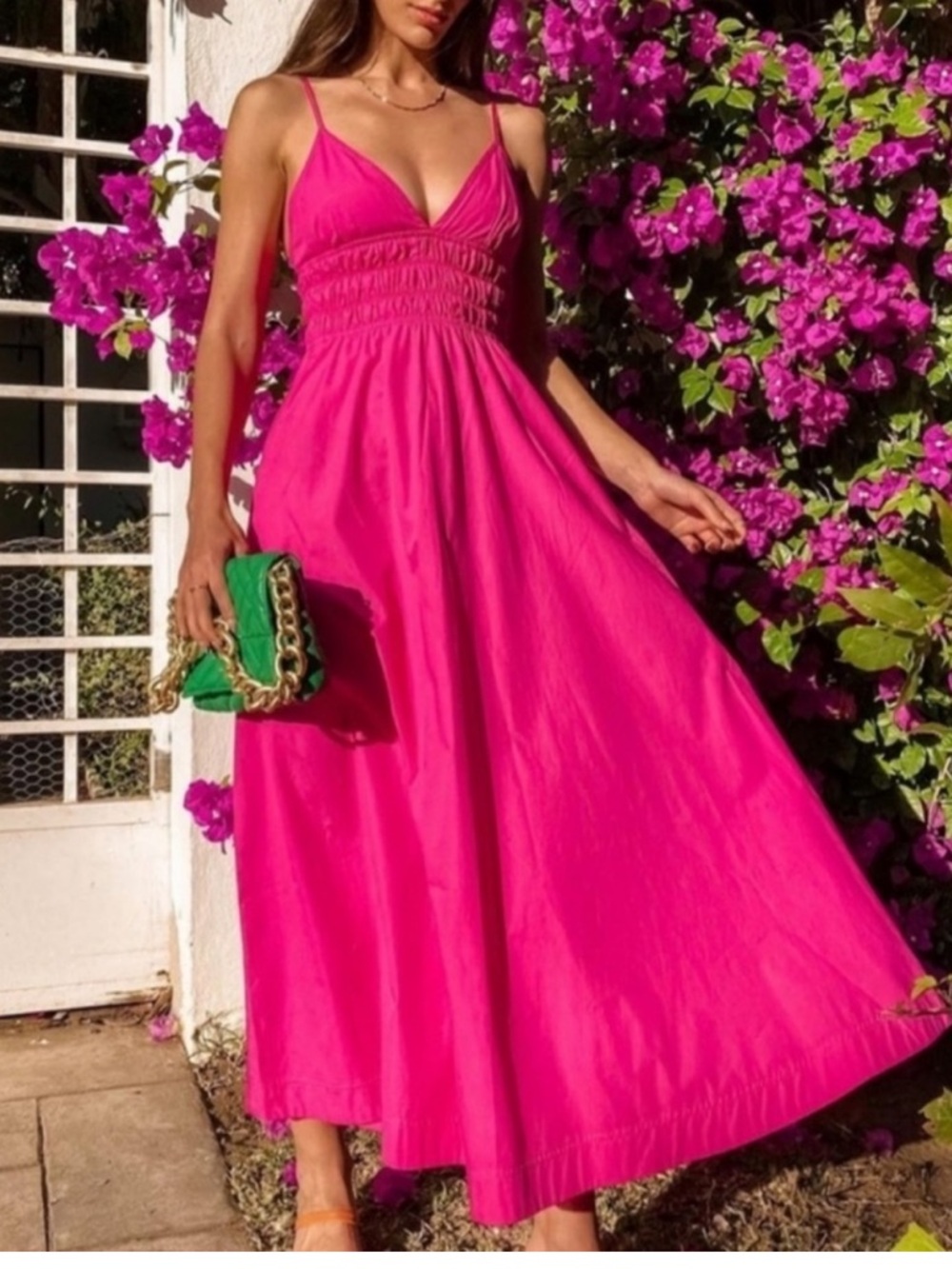 Zara Hot Pink Voluminous Smocked Poplin Midi Dress with pockets Medium